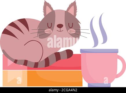 Kaffeetasse Bücher mit Katze isoliert Design weißen Hintergrund Vektor Abbildung Stock Vektor