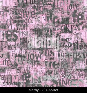 Abstrakte Grunge städtischen geometrischen Wörter, Buchstaben nahtlose Muster. Alte Zeitung, Zeitschrift texturierten Papier Hintergrund. Rosa graue Collage wiederholende Textu Stockfoto