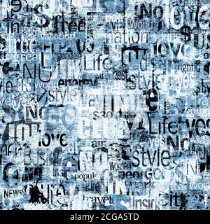 Abstrakte Grunge städtischen geometrischen Wörter, Buchstaben nahtlose Muster. Alte Zeitung, Zeitschrift texturierten Papier Hintergrund. Blaue schwarze Collage wiederholenden Text Stockfoto