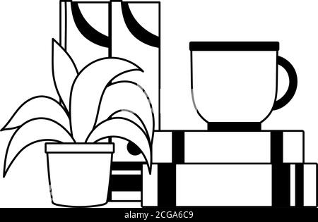 Arbeitsbereich Kaffeetasse Bücher Ordner und Anlage isoliert Symbollinie Vektordarstellung Stock Vektor