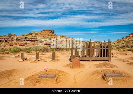 Grafton, Utah, USA - 13. Juni 2020: Der verlassene Friedhof in der Geisterstadt Grafton in Utah. Stockfoto