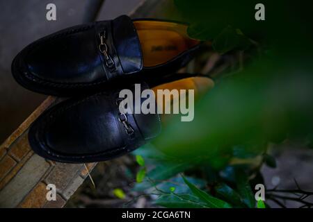 Kollektion für Männerschuhe. Herren Mode Lederschuhe flach Lay Stockfoto