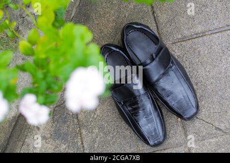 Kollektion für Männerschuhe. Herren Mode Lederschuhe flach Lay Stockfoto