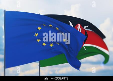 Flagge der Europäischen Union und Flagge Kenias schwenken. Nahaufnahme, 3D-Illustration. Stockfoto