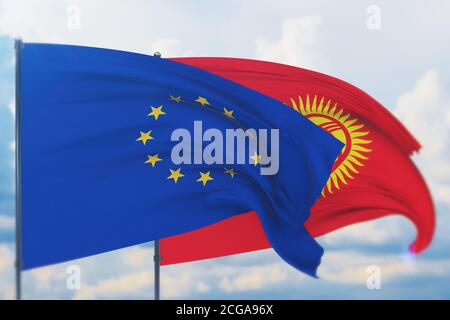 Flagge der Europäischen Union und Flagge Kirgisistans schwenken. Nahaufnahme, 3D-Illustration. Stockfoto