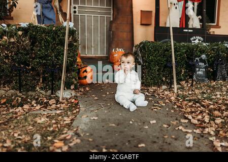 Liebenswert Kleinkind Junge verkleidet als Mama auf Halloween Trick-or-Treat Stockfoto