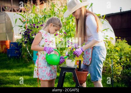 Eine junge Frau mit einer kleinen Tochter pflanzt eine Pflanze in einen Topf. Stockfoto