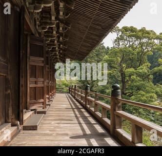 Ein Balkon in der Maniden-Halle bei Engyoji (oder Engyo-ji), einem buddhistischen Tempel von Tendai auf Shoshazan in Himeji, Präfektur Hyogo, Japan. Stockfoto