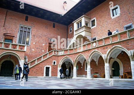 Besucher warten auf eine Führung im Collegium Maius Hof der Jageiellonen Universität in Krakau, Polen Stockfoto