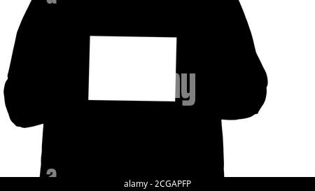 Silhouette männliche Hände halten Tablet mit weißem Bildschirm mockup. Stockfoto