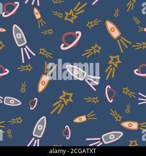 Raketen Kometen und Planeten nahtlose Vektor-Muster Stock Vektor