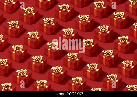 Muster aus roten Geschenkschachteln mit goldenem Band und Schleife auf rotem Hintergrund. 3d-Illustration. Draufsicht. Monochromes Farbschema. Stockfoto