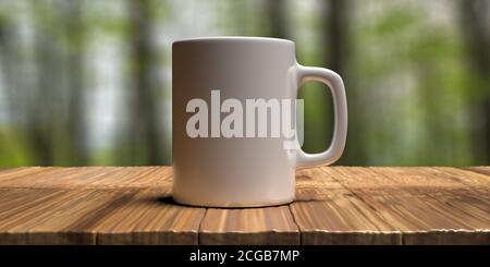 Kaffeetasse Mockup auf einem Holztisch. Weiße Farbe leere Tasse mit Griff, verwischen grünen Natur Hintergrund. Werben, Branding-Vorlage. 3d-Illustration Stockfoto