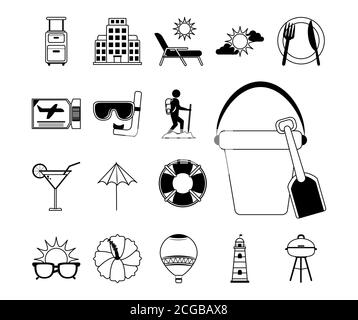 Sommer Urlaub Reise, Sonnenbrille Sonne Kompass Baum Hut Kamera Pass Linie Symbole Set Vektor Illustration Stock Vektor