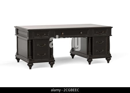 Stilvoller Schreibtisch aus dunkelbraunem Holz im Retro-Stil isoliert Auf weißem Hintergrund - 3d-Rendering Stockfoto