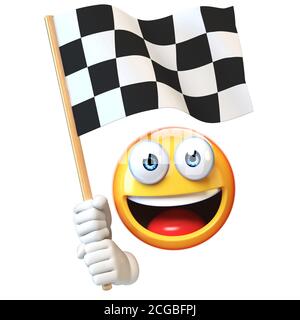 Emoji hält Zielflagge, Emoticon winkt schwarz und weiß Checker Flagge 3d-Rendering Stockfoto