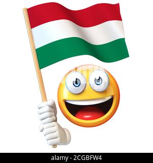 Emoji hält ungarische Flagge, Emoticon winkt Nationalflagge von Ungarn 3d-Rendering Stockfoto