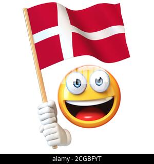 Emoji hält Dänemark Flagge, Emoticon winkt Nationalflagge von Dänemark 3d-Rendering Stockfoto