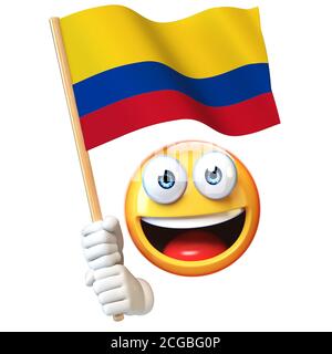 Emoji hält kolumbianische Flagge, Emoticon winkt Nationalflagge von Kolumbien 3d-Rendering Stockfoto