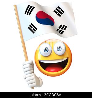 Emoji hält südkoreanische Flagge, Emoticon winkt Nationalflagge von Südkorea 3d-Rendering Stockfoto