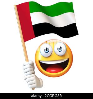 Emoji hält die Flagge der Vereinigten Arabischen Emirate, Emoticon winkt der Nationalflagge 3d-Rendering Stockfoto