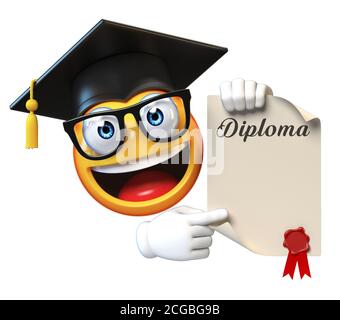 Emoji Graduate Student isoliert auf weißem Hintergrund, Emoticon trägt Graduierung Kappe 3D-Rendering mit Diplom Stockfoto