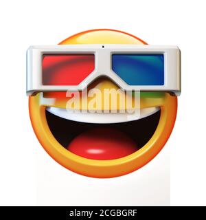 Emoji mit 3d-Brille isoliert auf weißem Hintergrund, Emoticon 3D-Film ansehen, 3d-Rendering Stockfoto