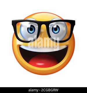 Nerd Emoji isoliert auf weißem Hintergrund, Emoticon mit Brille 3d-Rendering Stockfoto