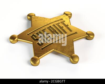 Golden Sheriff Abzeichen isoliert auf weißem Hintergrund 3d-Rendering Stockfoto