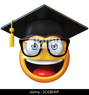 Emoji Graduate Student isoliert auf weißem Hintergrund, Emoticon trägt Graduierung Kappe 3d-Rendering Stockfoto