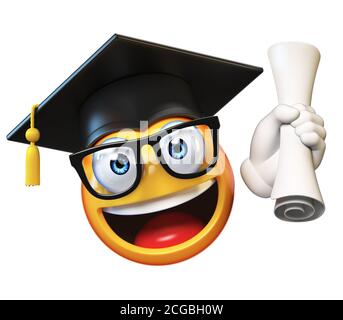 Emoji Graduate Student isoliert auf weißem Hintergrund, Emoticon trägt Graduierung Kappe 3D-Rendering mit Diplom Stockfoto