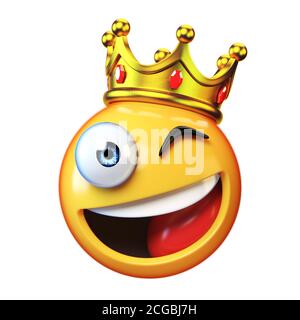 König Emoji isoliert auf weißem Hintergrund, Emoticon trägt Krone 3d-Rendering Stockfoto