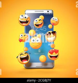 Emojis rund um Handy, Smartphone-Messaging mit Emoticons 3d-Rendering Stockfoto