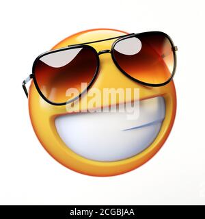 Coole Emoji isoliert auf weißem Hintergrund, lächelndes Emoticon mit Sonnenbrille 3d Rendering Stockfoto