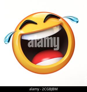 Happy Cry Emoji isoliert auf weißem Hintergrund, lachende Gesicht Emoticon 3d-Rendering Stockfoto