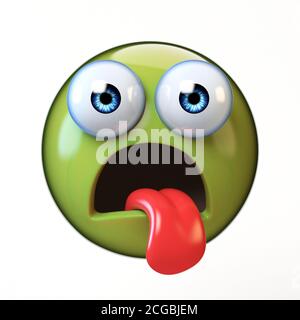 Sick Emoji isoliert auf weißem Hintergrund, grünes Gesicht Emoticon 3d-Rendering Stockfoto