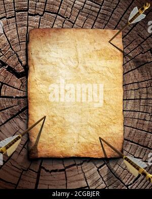 Altes Grunge Papier auf Holzoberfläche Ziel mit drei getackert Pfeile Stockfoto