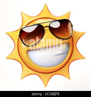 Cartoon Sonne mit Sonnenbrille Emoji isoliert auf weißem Hintergrund, Sonnenschein Emoticon 3d-Rendering Stockfoto