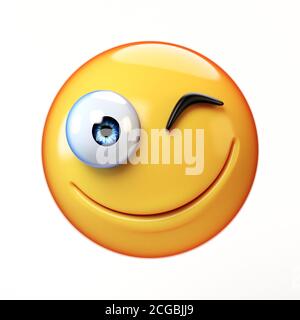 Zwinkerndes Emoji isoliert auf weißem Hintergrund, lächelndes Gesicht Emoticon 3d-Rendering Stockfoto