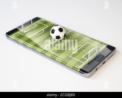 Smartphone als Fußballplatz, online schauen, online wetten Konzept, 3d-Rendering Stockfoto