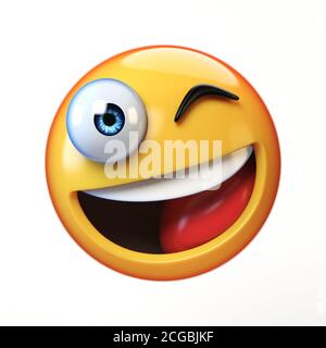 Zwinkerndes Emoji isoliert auf weißem Hintergrund, lächelnd winkend Gesicht Emoticon 3d-Rendering Stockfoto