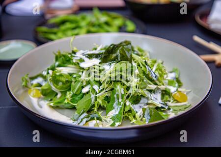 Ein frischer Salat mit Salat und Joghurt-Dressing wird serviert Auf einem dunklen Teller Stockfoto