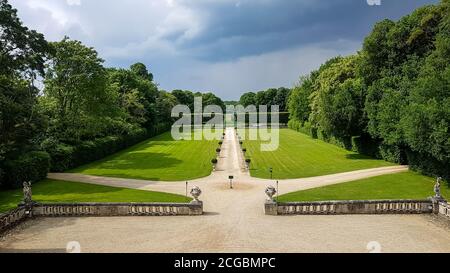 Blick auf den regulären Park durch ein Fenster mit Bars. Sommer Stockfoto