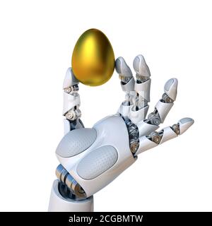 Roboter Hand hält goldenes Ei 3d-Rendering Stockfoto
