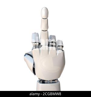 Roboterhand mit 3D-Rendering des Mittelfingers Stockfoto