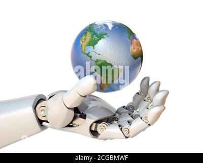 3D-Rendering von Roboter-Hand mit Planet Earth Stockfoto