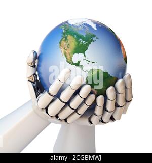 3D-Rendering von Roboter-Hand mit Planet Earth Stockfoto