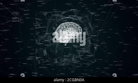 drahtmodell des menschlichen Gehirns umgeben digitales und geometrisches Rauschen Stockfoto