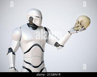 Roboter hält menschlichen Schädel, AI-Übernahme Konzept, Automatisierung, künstliche Intelligenz 3d-Rendering Stockfoto