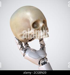 Roboter Hand hält menschlichen Schädel, künstliche Intelligenz Konzept, AI Übernahme, 3d-Rendering Stockfoto
